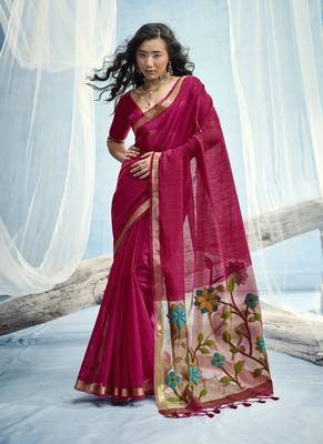 Ruby red munga silk blend handloom saree & contrast weaving border with tissue pallu 1
