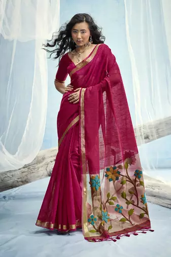 Ruby red munga silk blend handloom saree & contrast weaving border with tissue pallu