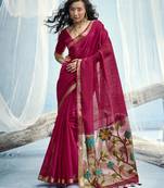 Ruby red munga silk blend handloom saree & contrast weaving border with tissue pallu