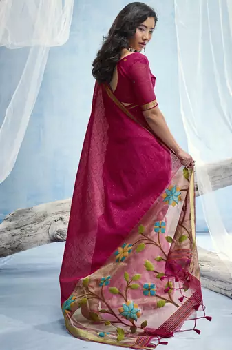 Ruby red munga silk blend handloom saree & contrast weaving border with tissue pallu