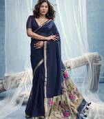 Navy blue munga silk blend handloom saree & contrast weaving border with tissue pallu