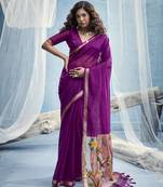 Magenta munga silk blend handloom saree & contrast weaving border with tissue pallu
