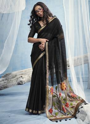 Black munga silk blend handloom saree & contrast weaving border with tissue pallu 1