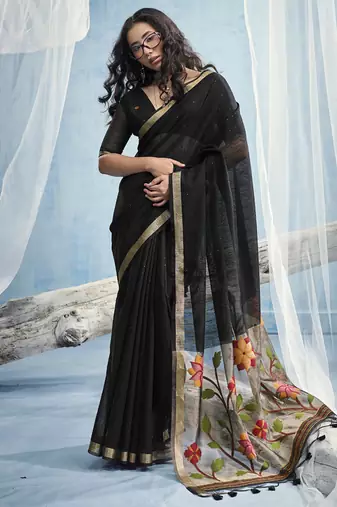 Black munga silk blend handloom saree & contrast weaving border with tissue pallu