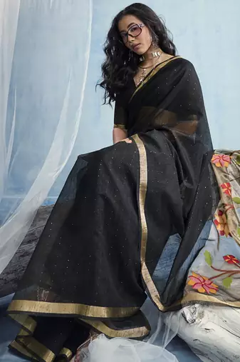 Black munga silk blend handloom saree & contrast weaving border with tissue pallu