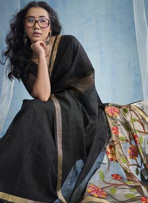 Black munga silk blend handloom saree & contrast weaving border with tissue pallu 3