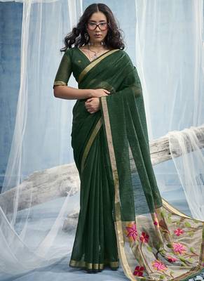 Rama green munga silk blend handloom saree & contrast weaving border with tissue pallu 1