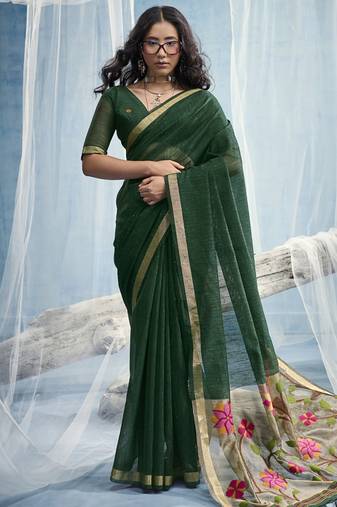 Rama green munga silk blend handloom saree & contrast weaving border with tissue pallu