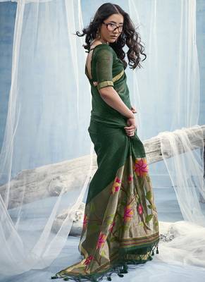 Rama green munga silk blend handloom saree & contrast weaving border with tissue pallu 2