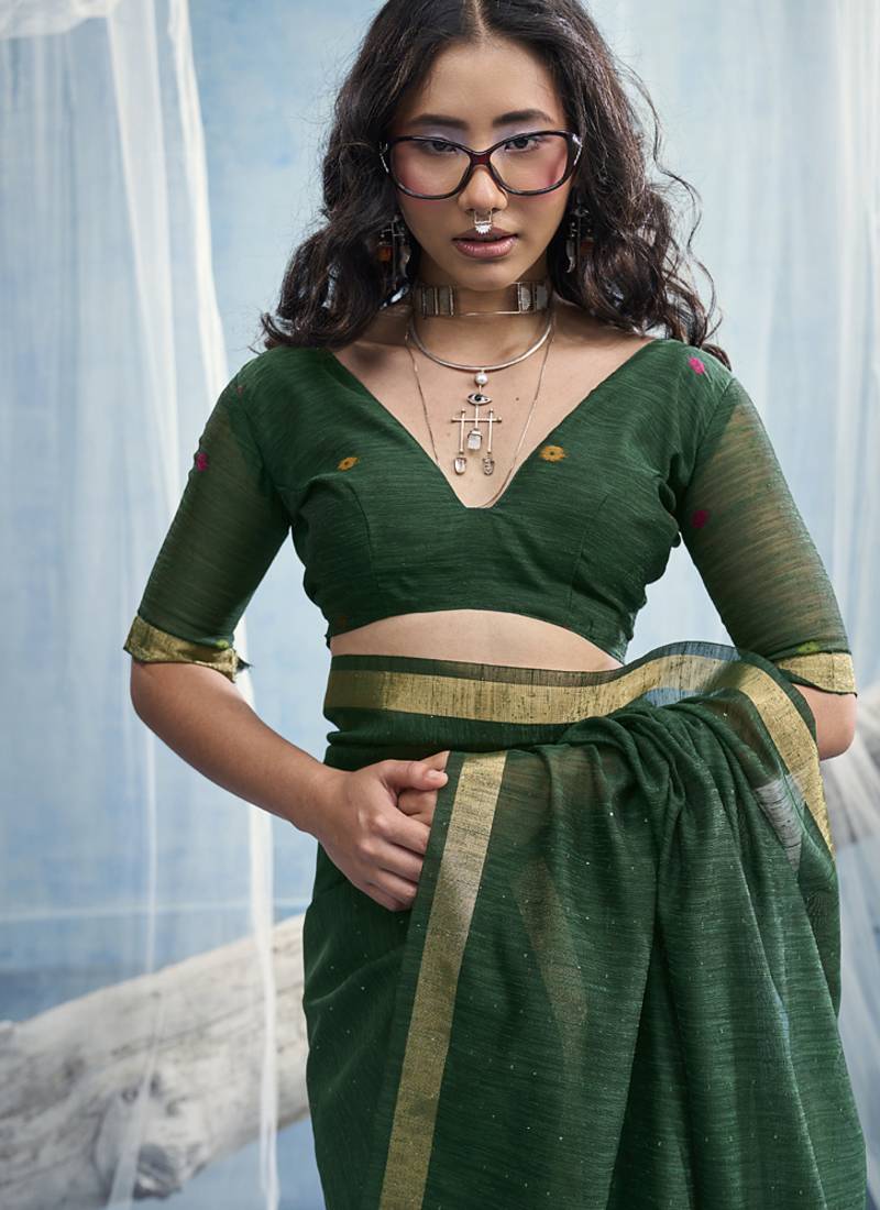 Rama green munga silk blend handloom saree & contrast weaving border with tissue pallu