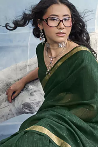 Rama green munga silk blend handloom saree & contrast weaving border with tissue pallu