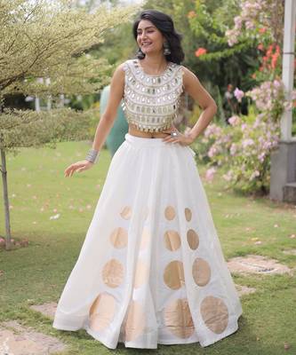 White Navratri special Roman SilkBlend Gota Work Lehenga Choli Set 1
