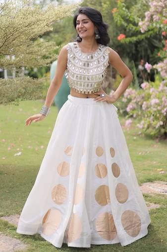 White Navratri special Roman SilkBlend Gota Work Lehenga Choli Set