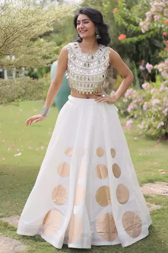 White Navratri special Roman SilkBlend Gota Work Lehenga Choli Set