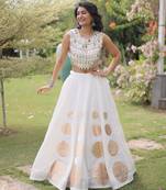 White Navratri special Roman SilkBlend Gota Work Lehenga Choli Set