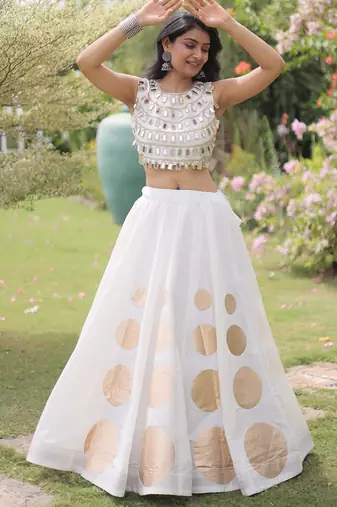 White Navratri special Roman SilkBlend Gota Work Lehenga Choli Set