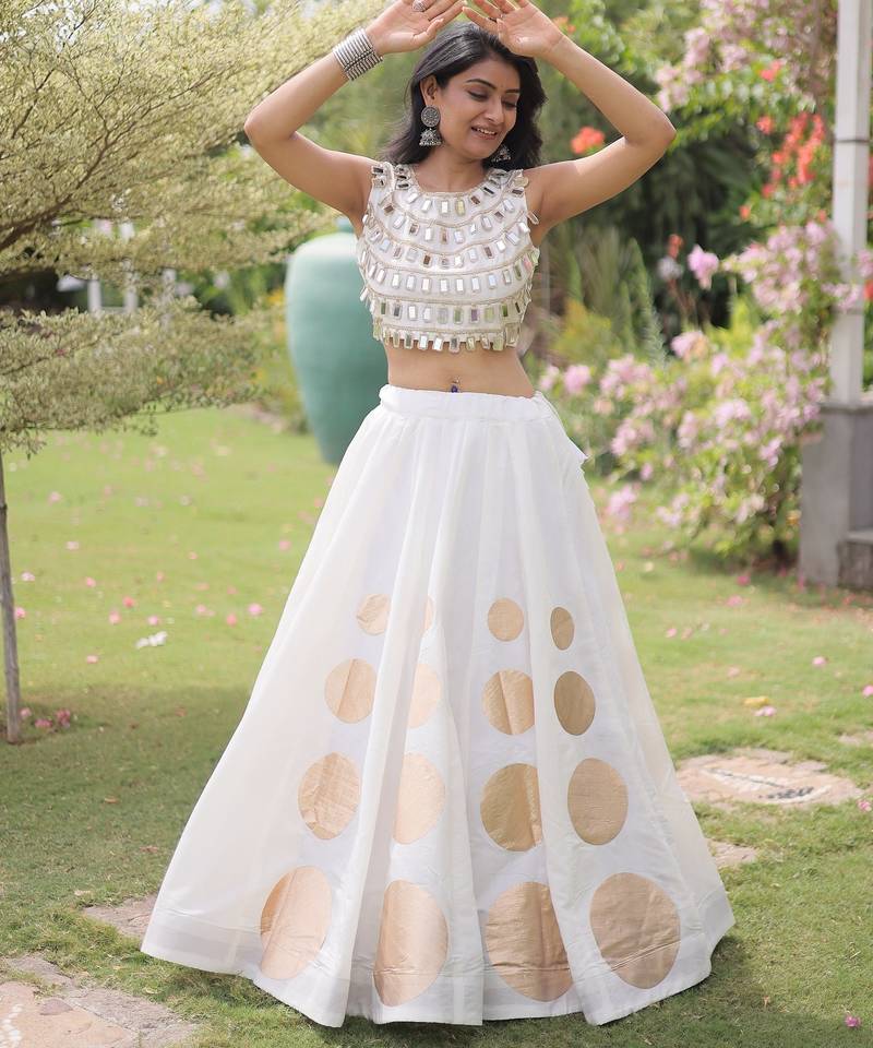 White Navratri special Roman SilkBlend Gota Work Lehenga Choli Set