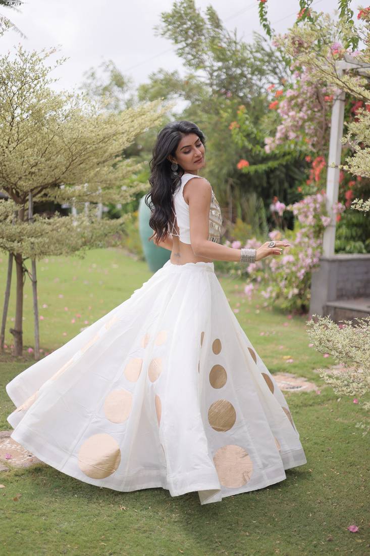 White Navratri special Roman SilkBlend Gota Work Lehenga Choli Set