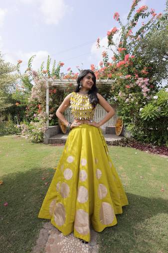 Parrot green Navratri special Roman SilkBlend Gota Work Lehenga Choli Set