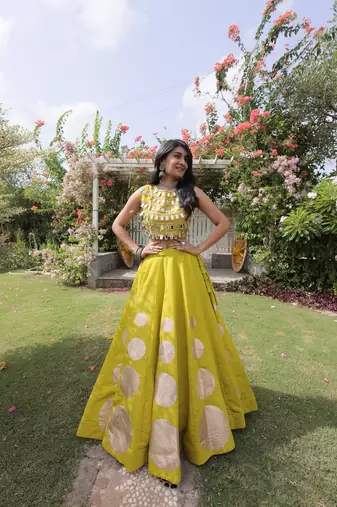 Parrot green Navratri special Roman SilkBlend Gota Work Lehenga Choli Set