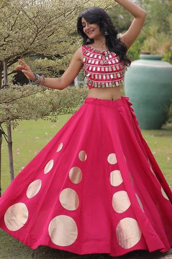 Pink Navratri special Roman SilkBlend Gota Work Lehenga Choli Set