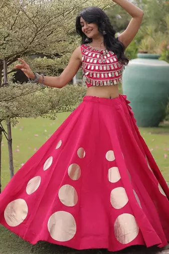 Pink Navratri special Roman SilkBlend Gota Work Lehenga Choli Set