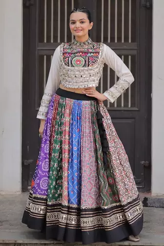 Multicolor Navratri Special Cotton Printed Gota Patti Mirror Work Lehenga Choli Set
