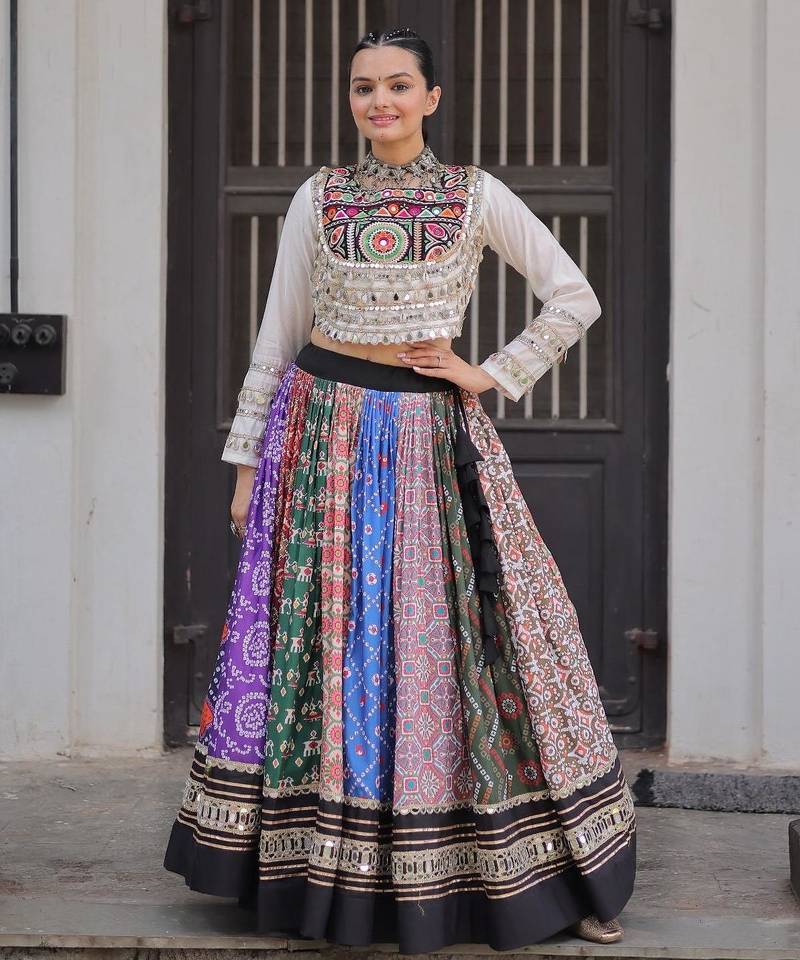 Multicolor Navratri Special Cotton Printed Gota Patti Mirror Work Lehenga Choli Set