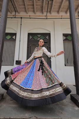 Multicolor Navratri Special Cotton Printed Gota Patti Mirror Work Lehenga Choli Set 1