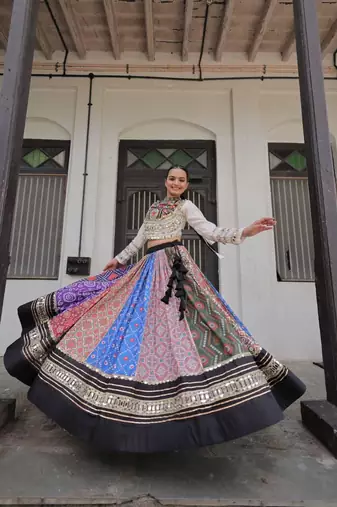 Multicolor Navratri Special Cotton Printed Gota Patti Mirror Work Lehenga Choli Set