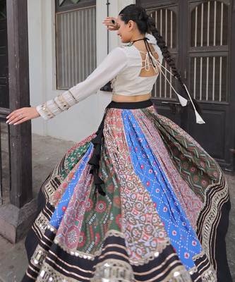 Multicolor Navratri Special Cotton Printed Gota Patti Mirror Work Lehenga Choli Set 4