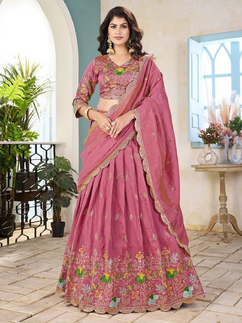 Embroidered Sequinned Semi-Stitched Lehenga & Unstitched Blouse With Dupatta