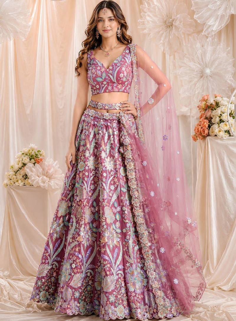 Embroidered Sequinned Semi-Stitched Lehenga & Unstitched Blouse With Dupatta