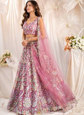 Embroidered Sequinned Semi-Stitched Lehenga & Unstitched Blouse With Dupatta 4