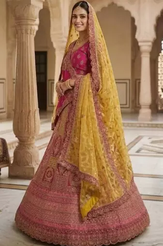 Embroidered Semi-Stitched Velvet Lehenga & Blouse & Dupatta