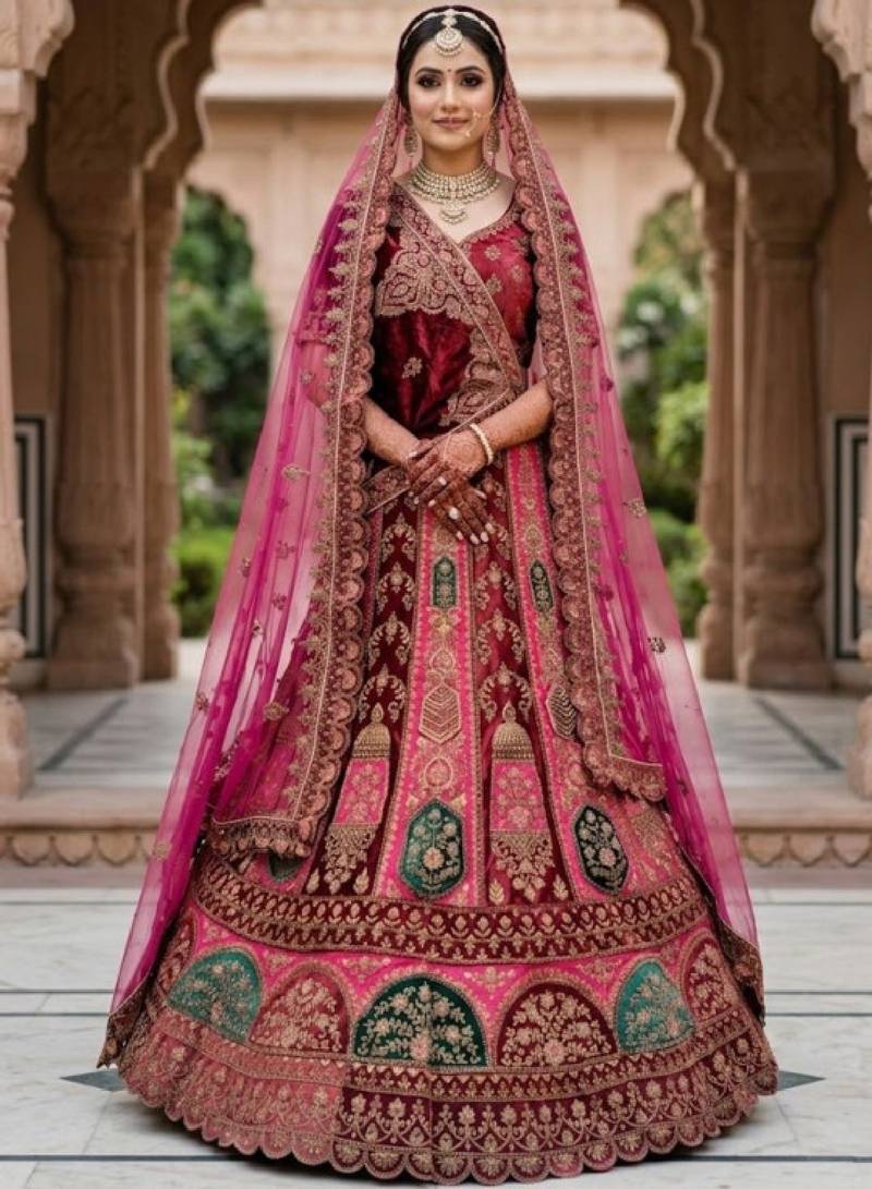 Embroidered Semi-Stitched Lehenga & Unstitched Blouse With Dupatta