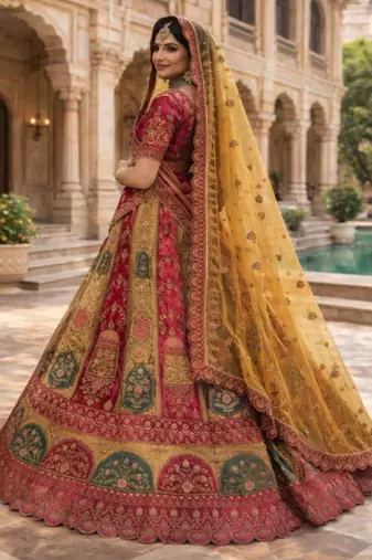 Embroidered Semi-Stitched Velvet Lehenga & Blouse & Dupatta