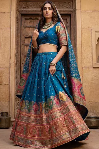 Embroidered Semi-Stitched Lehenga & Blouse With Dupatta