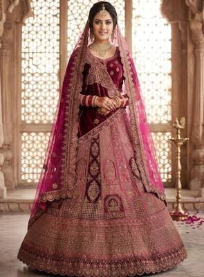 Embroidered Semi-Stitched Velvet Lehenga & Blouse & Dupatta 1