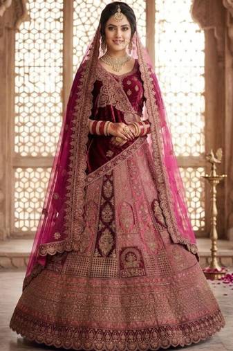 Embroidered Semi-Stitched Velvet Lehenga & Blouse & Dupatta