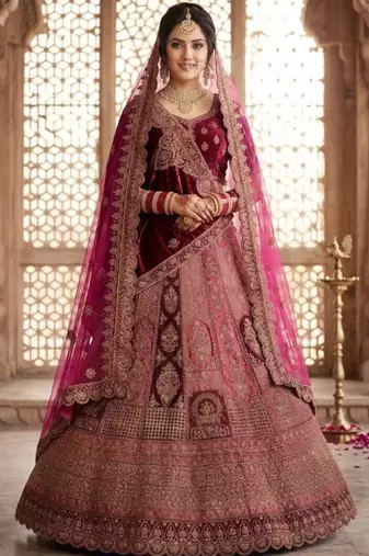 Embroidered Semi-Stitched Velvet Lehenga & Blouse & Dupatta