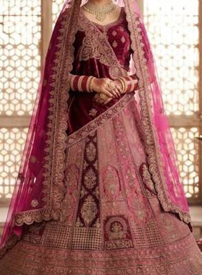 Embroidered Semi-Stitched Velvet Lehenga & Blouse & Dupatta 2