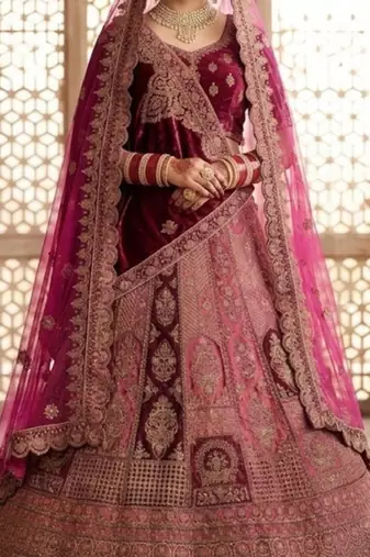 Embroidered Semi-Stitched Velvet Lehenga & Blouse & Dupatta