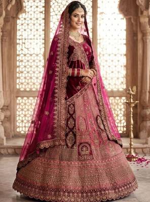 Embroidered Semi-Stitched Velvet Lehenga & Blouse & Dupatta 3