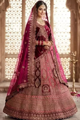 Embroidered Semi-Stitched Velvet Lehenga & Blouse & Dupatta