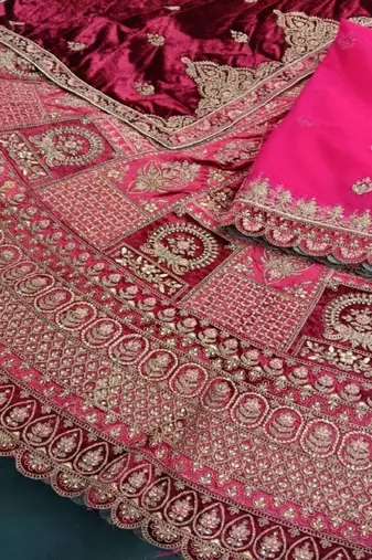 Embroidered Semi-Stitched Velvet Lehenga & Blouse & Dupatta