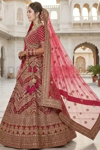 Embroidered Semi-Stitched Silk Lehenga & Blouse & Dupatta