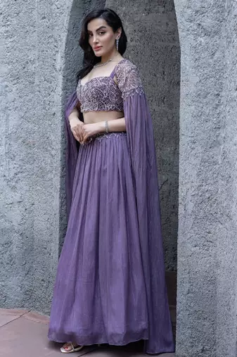 Embroidered Beads & Stones Ready To Wear Lehenga & Blouse With Cape Dupatta
