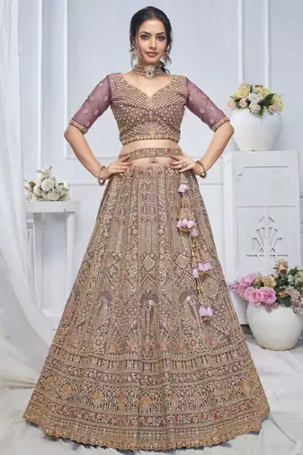 Embroidered Net Sequinned Semi-Stitched Lehenga & Unstitched Blouse With Dupatta