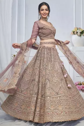 Embroidered Net Sequinned Semi-Stitched Lehenga & Unstitched Blouse With Dupatta